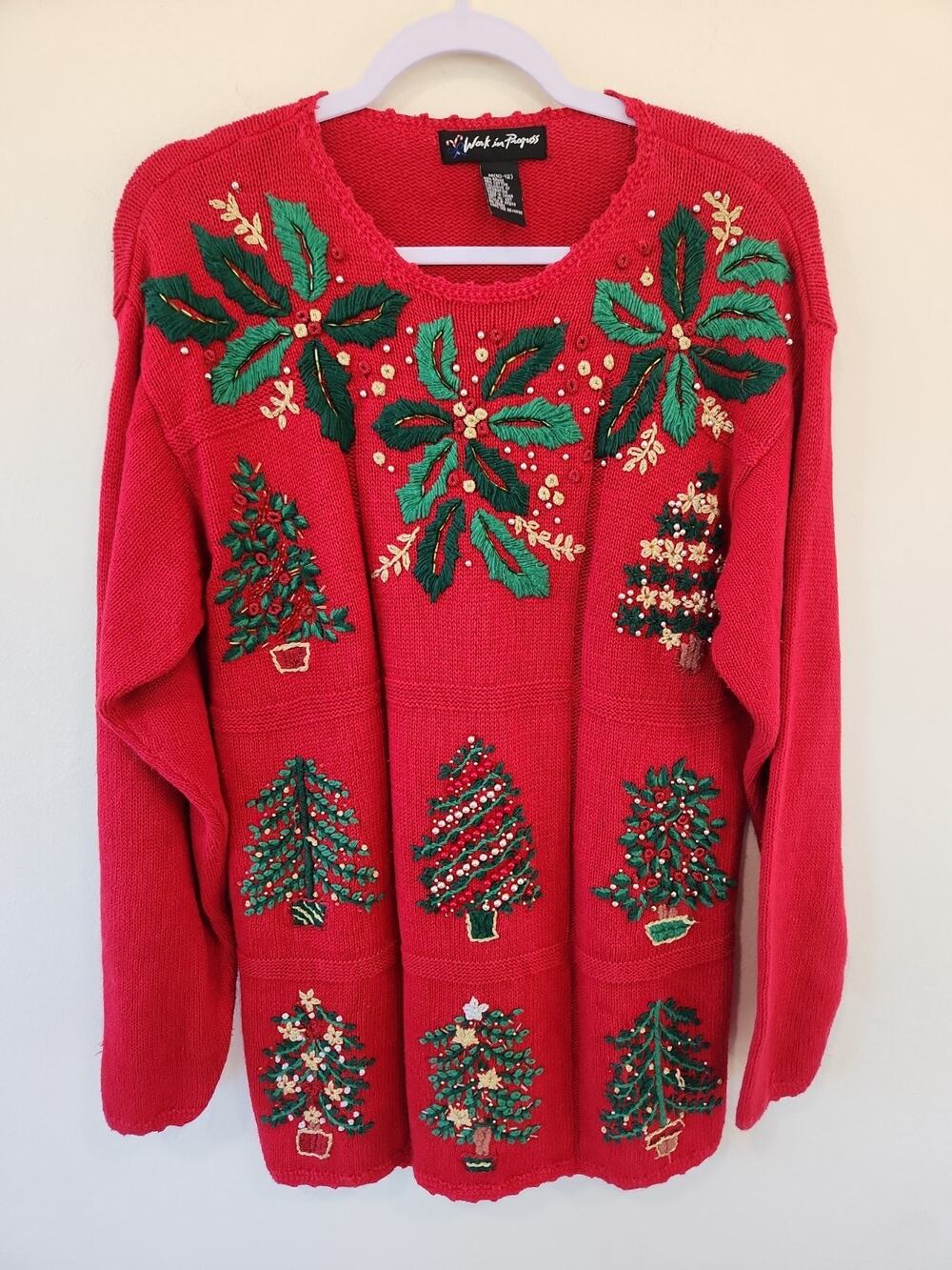 Vintage Work in Progress Christmas Sweater Embroidered Holiday Beaded Granny M